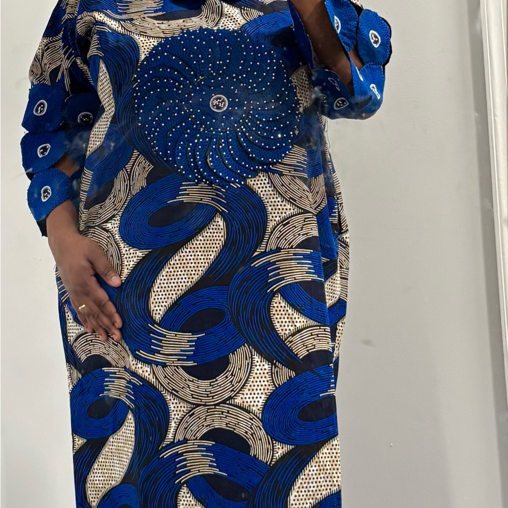 Elegant Blue Patterned Ankara African Dress with rhinestones.